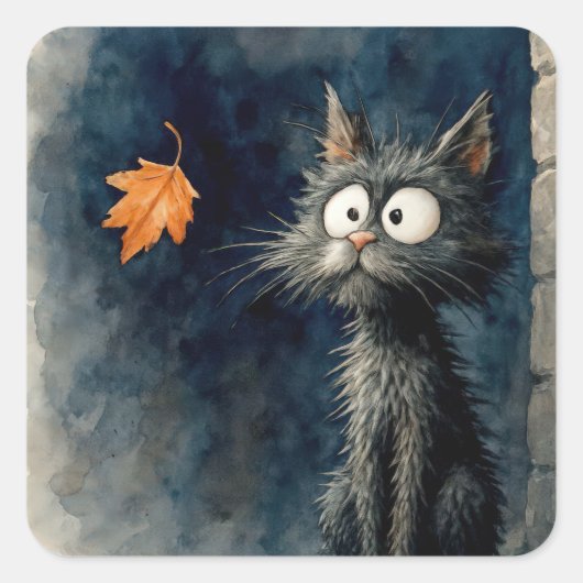 Scruffy Black Alley Cat met een herfstblad Vierkante Sticker (Voorkant)