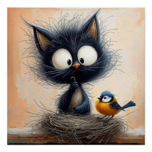 Scruffy breedogige kat met een worm voor een vogel perfect poster