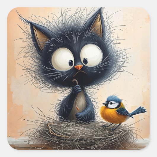 Scruffy breedogige kat met een worm voor een vogel vierkante sticker (Voorkant)