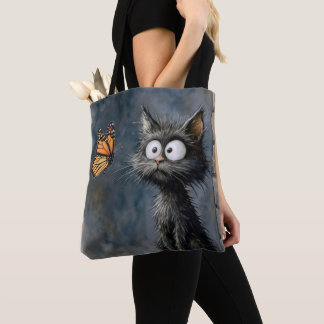 Scruffy Cat Staring at a Butterfly Tote Bag