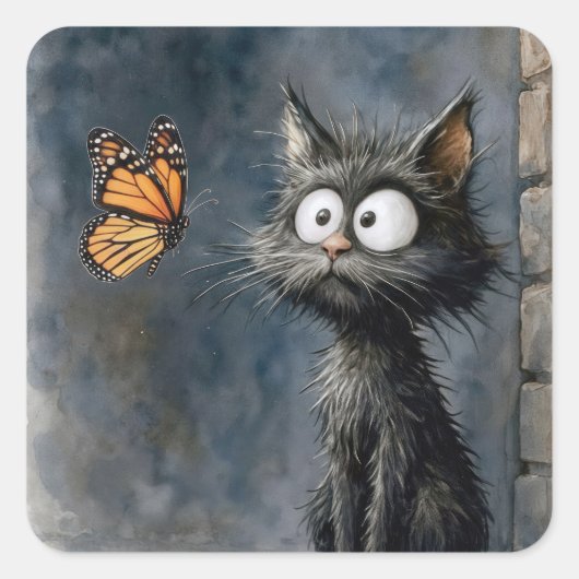 Scruffy Cat Staring at a Monarch Butterfly Vierkante Sticker (Voorkant)