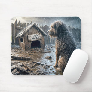 Scruffy hond staart naar zijn hondenhok muismat