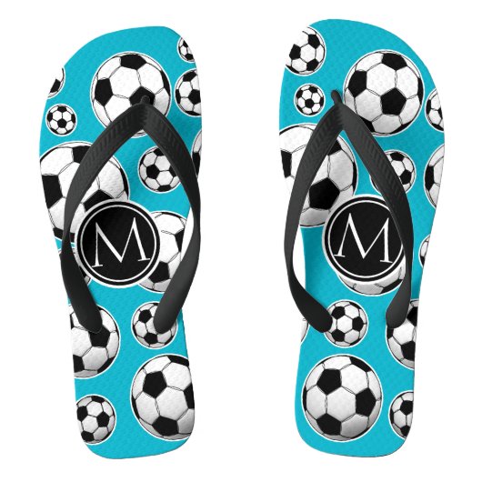 Scuba Blue Voetbal Pattern en Monogram Teenslippers (Voetbed)