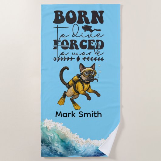 Scuba Cat Diving Blue Wet Suit with your name Strandlaken (Voorkant)