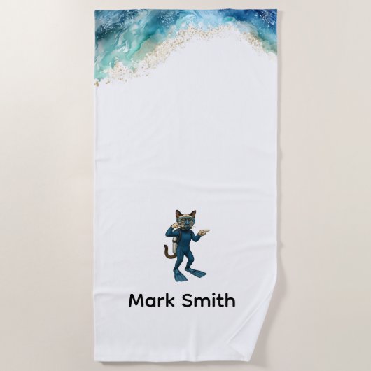 Scuba Cat Diving Blue Wet Suit with your name Strandlaken (Voorkant)