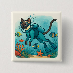 Scuba Cat duikt onder water Knop Vierkante Button 5,1 Cm