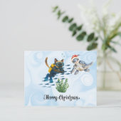 Scuba Cat Kerstduik met schildpad Feestdagenkaart (Staand voorkant)
