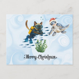 Scuba Cat Kerstduik met schildpad Feestdagenkaart