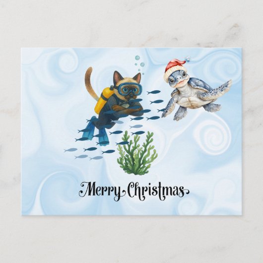 Scuba Cat Kerstduik met schildpad Feestdagenkaart (Voorkant)