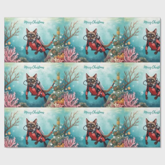 Scuba Cat Underwater Holiday  Merry Christmas  Cadeaupapier (Vlak)