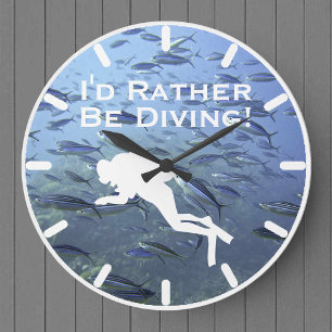 Scuba Diver Clock "Ik zou liever duiken" Grote Klok