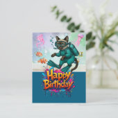 Scuba diver diving cat happy birthday  briefkaart (Staand voorkant)