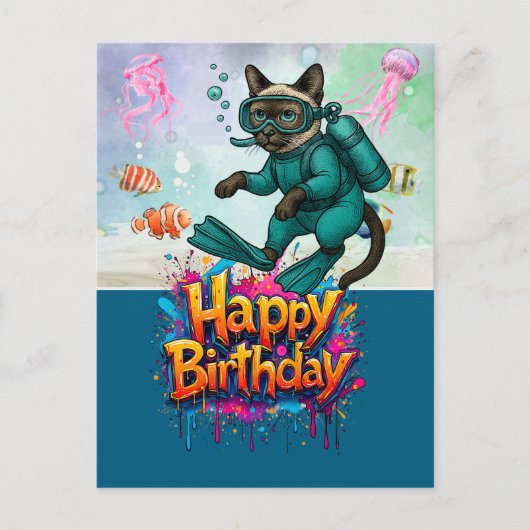 Scuba diver diving cat happy birthday  briefkaart (Voorkant)