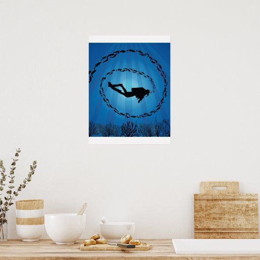 Scuba Diver in een visschok Poster (Keuken)