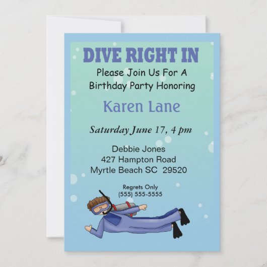 Scuba Diver Kids Birthday Invitation Kaart (Voorkant)