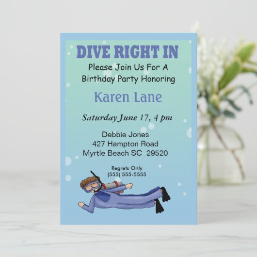 Scuba Diver Kids Birthday Invitation Kaart (Staand voorkant)