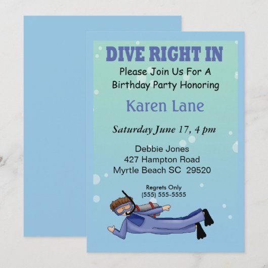 Scuba Diver Kids Birthday Invitation Kaart (Voorkant / Achterkant)