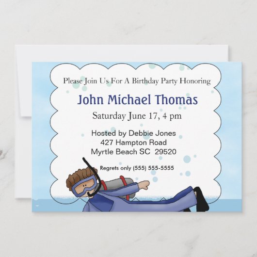 Scuba Diver Kids Birthday Invitation Kaart (Voorkant)