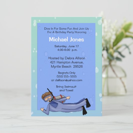 Scuba Diver Pool Party Birthday Invitation Kaart (Staand voorkant)
