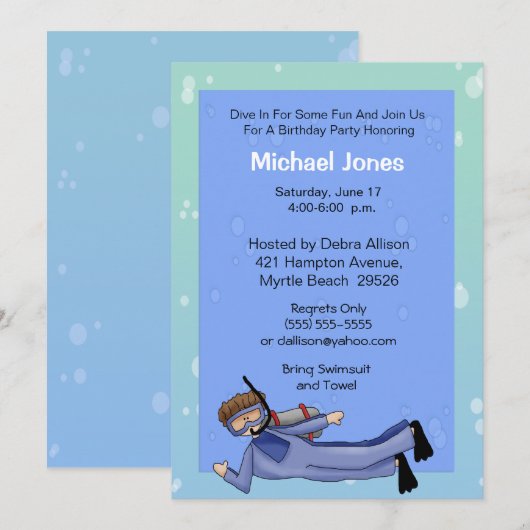 Scuba Diver Pool Party Birthday Invitation Kaart (Voorkant / Achterkant)
