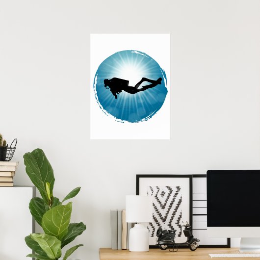 Scuba Diver Underwater Light Rays Poster (Thuiskantoor)
