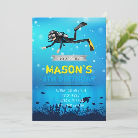 Scuba Diving Birthday party-uitnodiging Kaart (Staand voorkant)