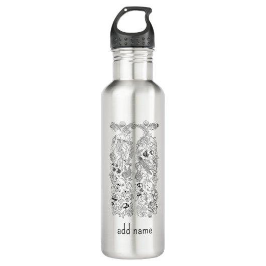 Scuba diving bottles marine life design in black waterfles (Voorkant)