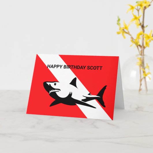 Scuba Diving Flag and Shark Birthday Kaart (Gele Bloem)