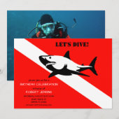 Scuba Diving Flag and Shark Photo Birthday Invitat Kaart (Voorkant / Achterkant)