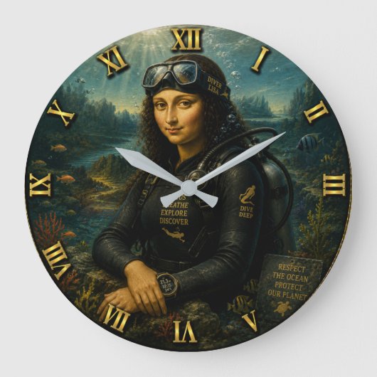 Scuba Diving Funny Mona Lisa Underwater Adventure  Grote Klok (Voorkant)