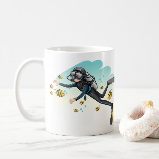 Scuba duiker onderwater met vis koffiemok (Met donut)