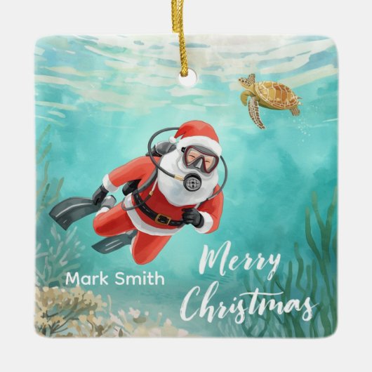 Scuba Kerstman duikt met schildpad Keramisch Ornament (Voorkant)