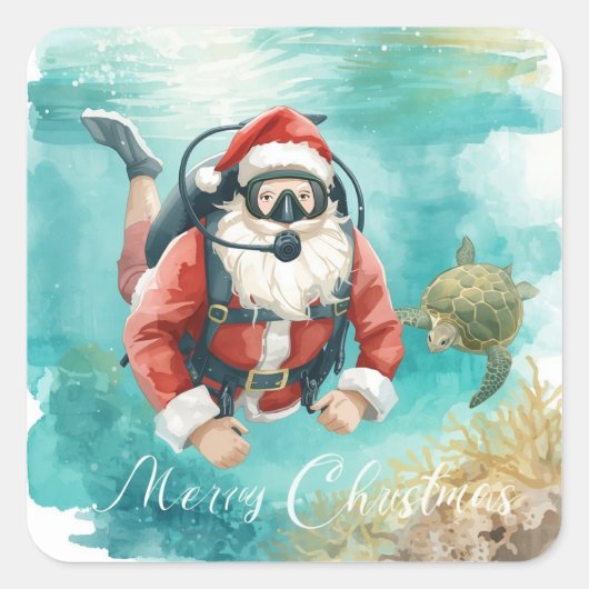 Scuba Santa Underwater Merry Christmas Vierkante Sticker (Voorkant)