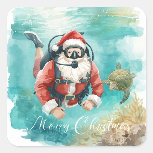 Scuba Santa Underwater Merry Christmas Vierkante Sticker (Voorkant)