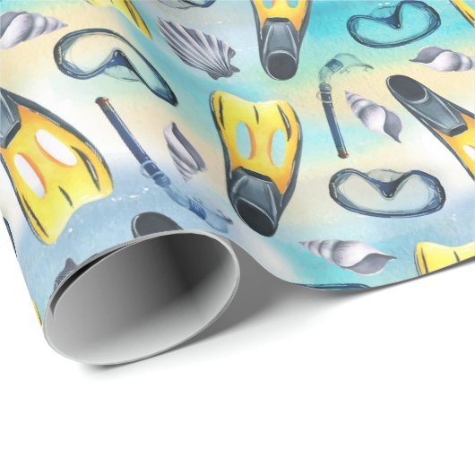 Scuba Snorkel Verjaardagsfeestje Blauw Cadeaupapier (Rol Hoek)