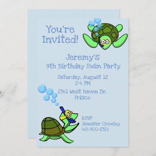 Scuba Turtles swim Birthday Party Invitation Kaart (Voorkant / Achterkant)