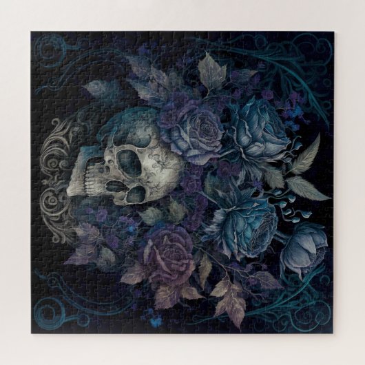 Scull met blauwe Rozen Jigzaag Puzzle Legpuzzel (Horizontaal)