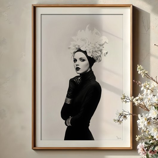 Sculptural Bloom: Avant-Garde Monochrome Mode Poster