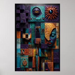 Sculpturale Mozaïek Oracle Muur - 3D Paars Teal Poster