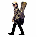 Sculptuur voor de gitarist met zijn gig bag staand fotobeeldje<br><div class="desc">Beeldhouwwerk van man met zijn gitaar in schoudertas.</div>