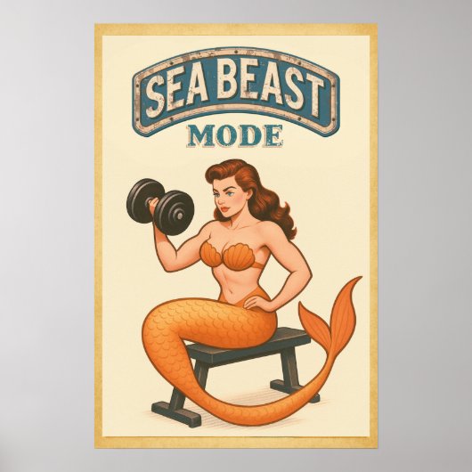 Sea Beast Mode Mermaid - Retro Pin-Up Gym Fitness Poster (Voorkant)