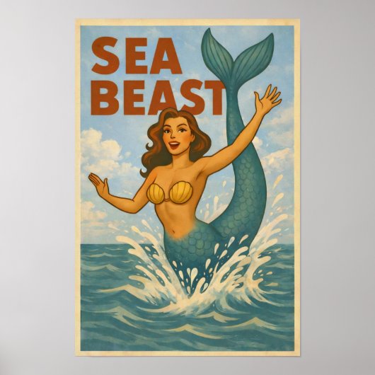 Sea Beast Retro Mermaid | Funny Coastal Beach Art Poster (Voorkant)