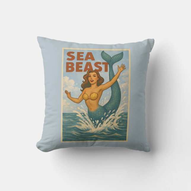Sea Beast Retro Mermaid | Funny Coastal Beach Blue Kussen (Voorkant)