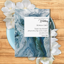 Sea Blues Alcohol Ink Paint Elegant Wedding Kaart