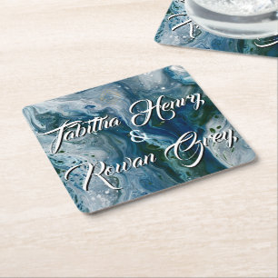 Sea Blues Alcohol Ink Schilderen Elegante Trouw Kartonnen Onderzetters