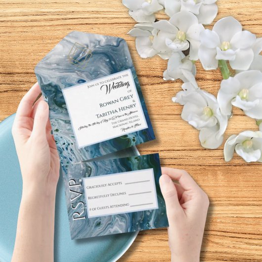 Sea Blues Alcohol Ink Wedding Invitation Elegance All In One Uitnodiging