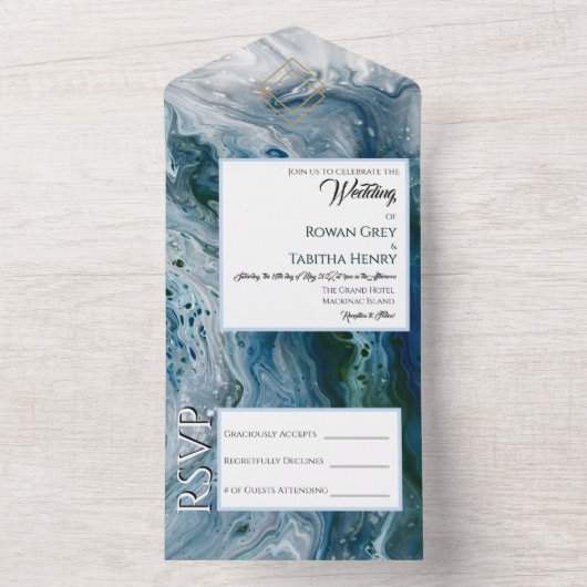 Sea Blues Alcohol Ink Wedding Invitation Elegance All In One Uitnodiging (Binnen)