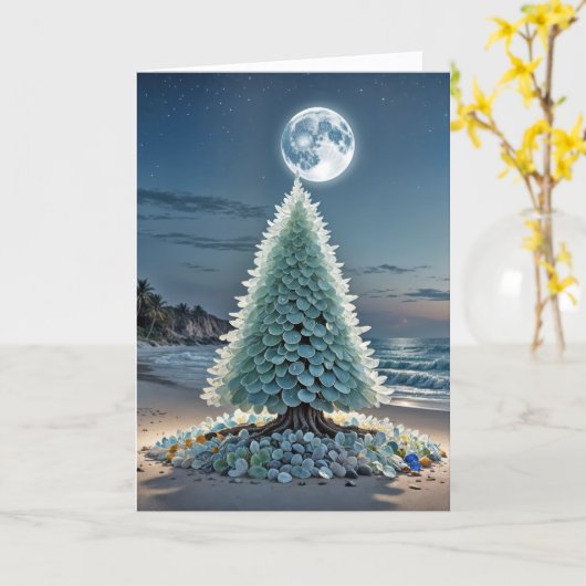 Sea Glass Christmas Tree On a Beach Kaart (Gele Bloem)