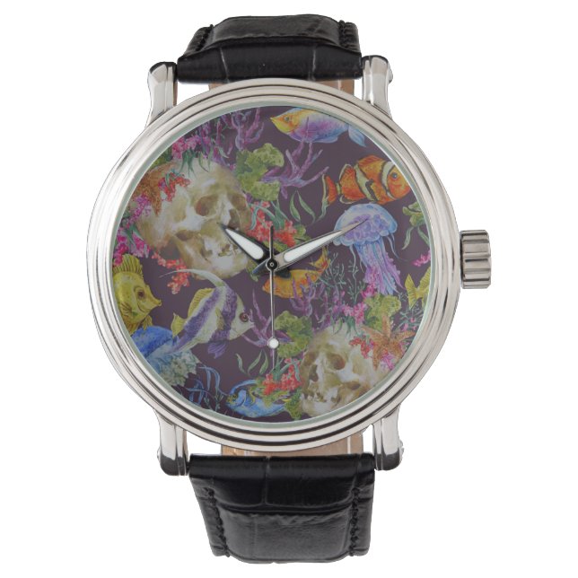 Sea Life Grunge Pattern Horloge (Voorkant)