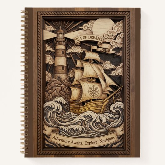 Sea of Dreams 3D Wood Carved Nautical Journal Notitieboek (Voorkant)